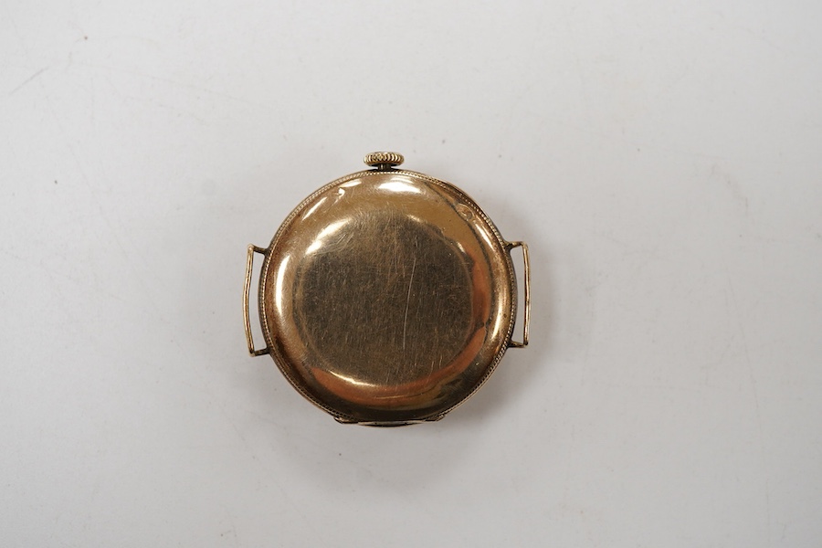 A gentleman's mid 1920's 9ct gold manual wind wrist watch, with Arabic dial, case diameter 30mm, no strap.